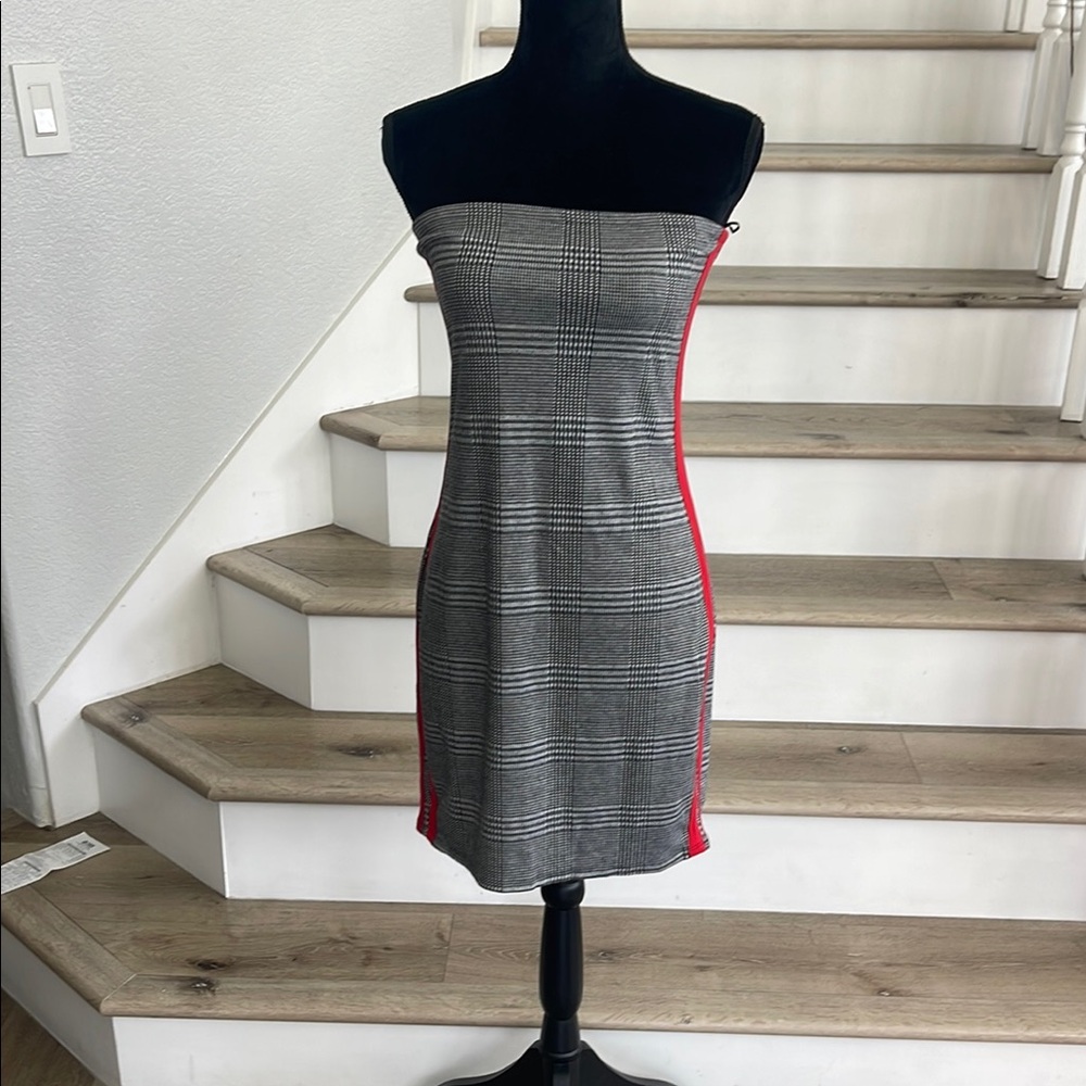 Express Gray, White, and red Strapless Sheath Dress